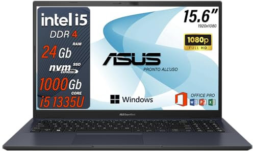 ASUS notebook i5, Expertbook, pc portatile i5 1335U, ram 24 Gb, Ssd 1 Tb Nwme, IRIS Xe UHD, Display 15.6, Wi fi 6, Bt, Windows 11 Pro, Office Pro, Laptop i5 pronto all'utilizzo