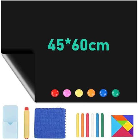 Tafelfolie Magnetisch Selbstklebend, 45x60cm Tafelfolie Selbstklebend, mit Kreide, Lappen, Magnetknöpfen, Puzzlen, Abwischbar Kreidefolie für Haus Büro Schule (Schwarz )