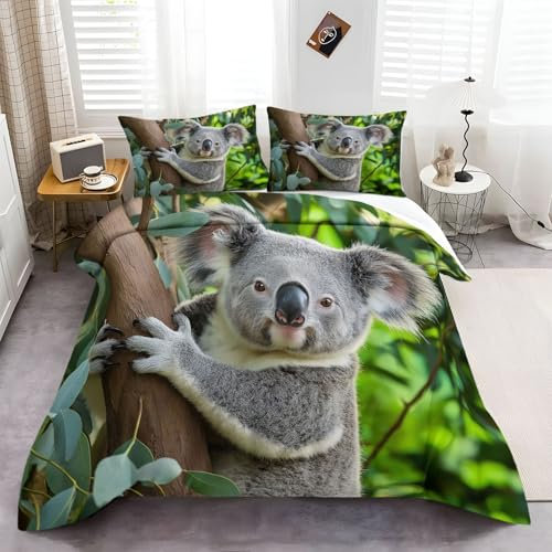 Bettwäsche Set Dschungeltier Koala Bettbezug Bedruckt, 155 × 220 cm Bedruckte Bettwäsche Set Einfache Pflege 3-Teiliges mit Reißverschluss 1 GrüN Grau Bettbezug und 2 Kissenbezug