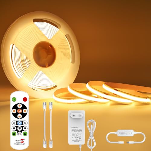 Öuesen COB LED Strip Warmweiss 5M, Streifen Dimmbar mit zeitschaltuhr 24V, lichtband selbstklebend IP44 Wasserdicht, leiste mit Netzteil und Fernbedienung, Band 5M für Unterbau TV Küche DIY