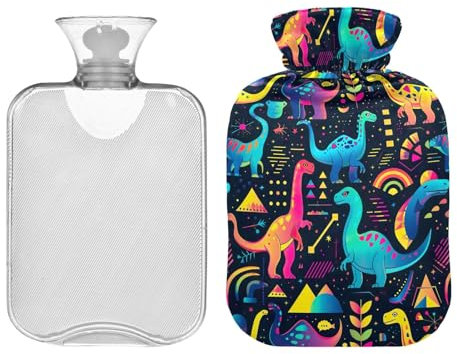 1L Large Classic Hot Water Bottle with Cover, Colorful Dinosaurs Durable Hot Water Bag for Hot and Cold Therapy, Tummy Cramps Neck and Shoulder Waist Pain Relief