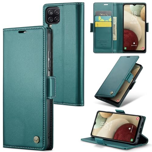 Rerzoiro Coque pour Samsung Galaxy A12 5G, Étui Housse en RFID Protection Premium PU Cuir Portefeuille Rabat Case Magnétique Stand Antichoc, Étui Case pour Samsung Galaxy A12 5G, Bleu Vert