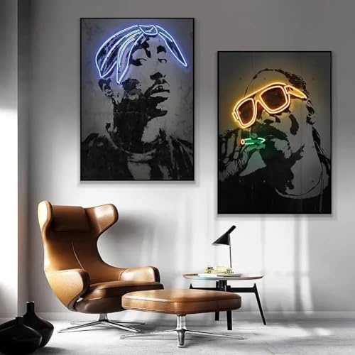 RDRDtbtr Abstrakte Rapper-Leinwand- Bilder Hip-Hop-Rap-Star Leinwandgemälde Neon-Effekt Musik-Poster Kunstdrucke Bild für Zimmer Bar Heimdekoration 50 x 70 cm x 2 ungerahmt