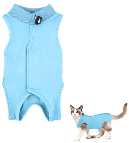 Amexo Cat Surgery Recovery Suit Cat After Surgery Bodysuit for Abdominal Wounds or Skin Diseases Kitten Surgical Onesie E-Collar Alternative for Cats and Dogs (Blue, L)