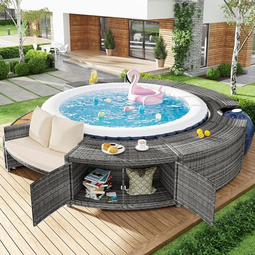 Kebnor Set lounge da giardino con divano rotondo, set di mobili da giardino, lounge per vasca idromassaggio e piscina, con piedini regolabili, cuscino incluso, mobili per terrazza, giardino o piscina