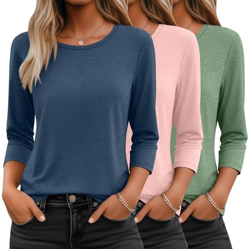 Ficerd 3 Pack 3/4 Sleeve Tops for Women T Shirts Round Neck Dressy Basics Tees Blouses Casual Trendy Loose Fit Shirts(Haze Blue, Pink, Light Green,Small)