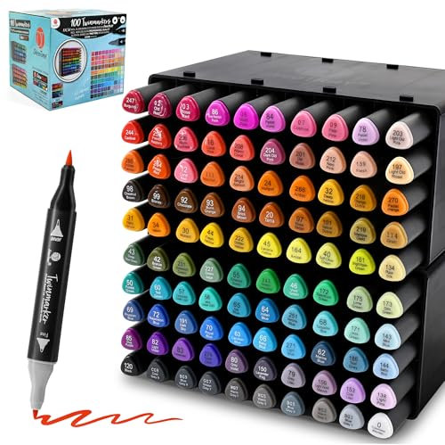 Decotime Twin Alcohol Markers with Storage Tray - 100 Dual-Tip Colouring Permanent Marker Pens, Adults Art & Crafts - Quick-Dry Artist-Grade Markers, Fine & Brush Tips for Drawing, Blending