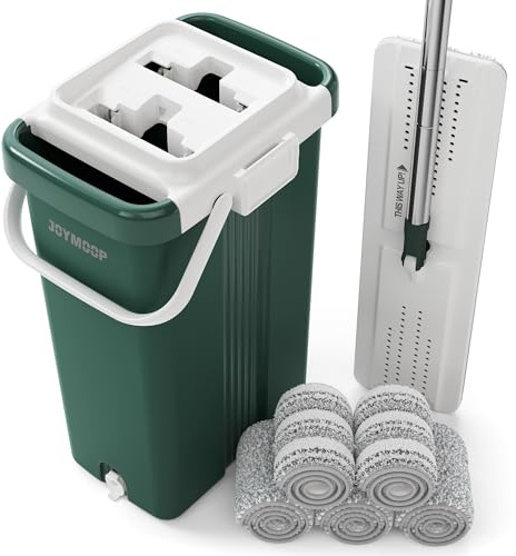 JOYMOOP Balai à Franges commerciales Robustes pour Le Nettoyage du Sol, Balai à Franges et Seau avec Seau de Grande capacité, Vert forêt, Comprend 5 serpillères réutilisables en Microfibre