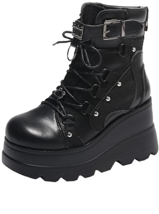 Maimeili Women's Gothic Platform Combat Boots with Bat Wings Lace-up with Buckle Straps Ankle Boots Chunky Platform Sole Fashion Studded Motorcycle Boots