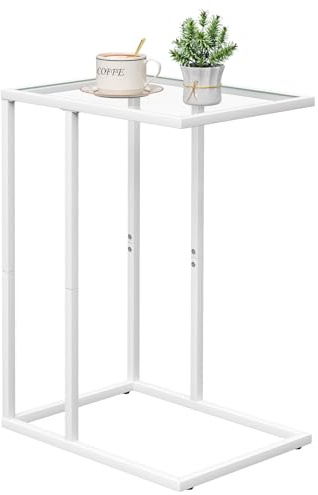 Easy Paws Small C Shaped Table for Sofa,Glass Couch Sofa Tray Snack Table for Living Room, Bedroom,TV Tray Table for Small Space,Accent Coffee Table,Nightstand with Metal Frame(White)