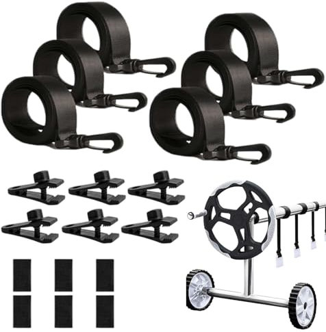 Lot de 6 Sangles de Protection pour bâche de Piscine, Sangle pour Enrouleur de Bâche Solaire de Piscine, Enrouleur de bâche avec Bandes de Fixation et Pinces,Prise Solide Accessoires Piscine Extérieur