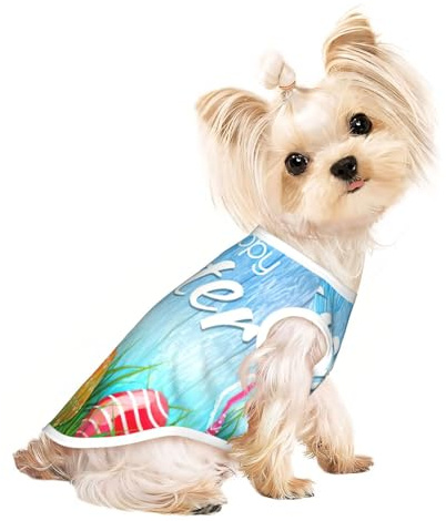 Osterei-Hasen-Gras-Holzdruck Hunde-Shirts für kleine Hunde, dehnbare T-Shirts, leichtes Tank-Top, ärmellos, gestreifte Weste