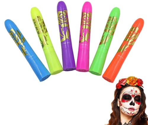 GkgWuxf Pintura Corporal Neón - Pintura Que En La Oscuridad Para La Piel 6 Piezas,Pluma de Purpurina Lavable Larga Duración para Cosplay Festivales Discotecas Fiestas Eventos de Halloween Temáticos