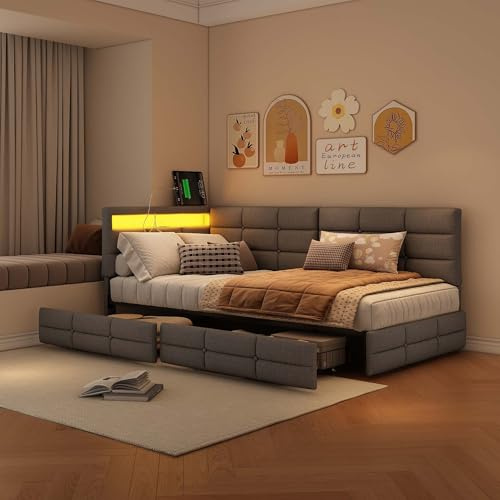 BRILVERDE Polsterbett 90x200 mit Stauraum, Schlafsofa mit 2 Schublade, Einzelbett, Daybett mit LED und USB, Jugendbett mit Lattenrost, Leinen, ohne Matratze (Grau, 90 x 200 cm)