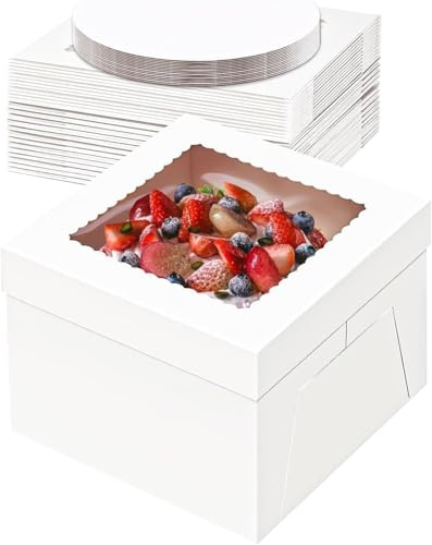 Tlczrva Tortenkarton, 10er-Pack Tortenbox Set, Kuchenbox, Tortentransportbox, weiße Tortenschachtel mit Fenster und 10 Kuchenrunde Bretter, Kuchenkarton für Torten, Gebäck（25.4 * 25.4 * 20.3）