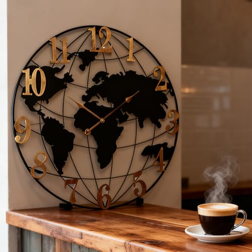 AMAATE Black Gold World Map Metal Wall Clock Vintage Home Living Room Decor