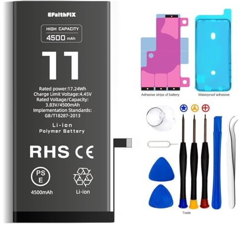 EFaith Batteria per iPhone 11 [4500mAh] di ricambio ad alta capacità 0 cicli con kit di riparazione professionale e adesivo