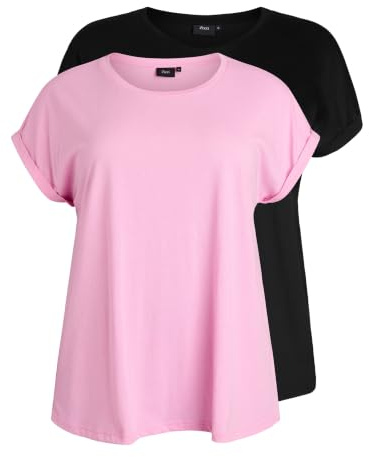 Zizzi 2er Pack T-Shirt Damen Große Größen Baumwolle Rundhals Kurzarm | Weiche Baumwollmischung, lockere Passform, umgeschlagene Ärmel – Basic Shirt im Doppelpack für Alltag und Freizeit