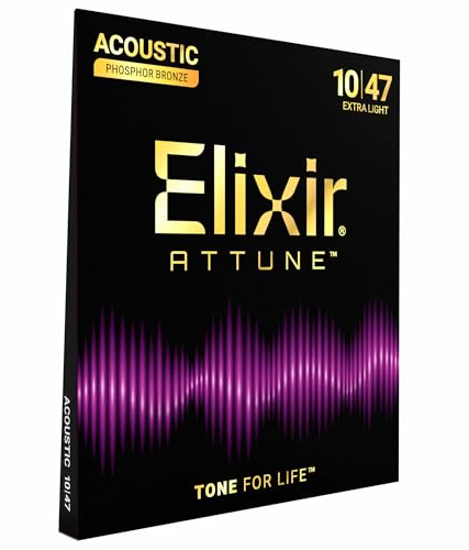 Elixir Strings, ATTUNE Akustikgitarrensaiten, Phosphorbronze, langanhaltend klarer und brillanter Klang mit natürlichem Spielgefühl, 6-Saiten-Set, Extra Light 10-47