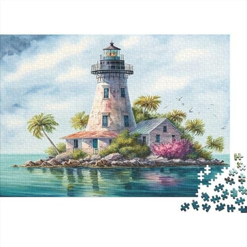 Tropischer Leuchtturm mit Haus, Insel-Leuchtturm, Palmen & Meerblick, 1000-Teile Puzzle, Geschenkidee, 38x26cm
