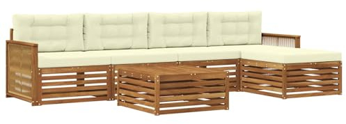 vidaXL Outdoor-Sofagarnitur mit Kissen 6 pcs Natur und Creme, Patio-Sofa, modernes Eckset, wetterfester Gartenlounge, Bequeme Terrassenplätze für entspannte Zeiten