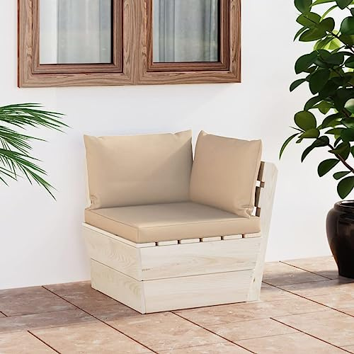 Zentexion Garten-Paletten-Ecksofa aus imprägniertem Fichtenholz mit beigen Polstern, 60 x 60 x 65 cm, modulare Sitzelemente, erweiterbar, für Terrasse und Gartenlounge mit Komfortkissen