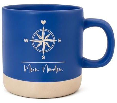 Maritime Kaffeetasse Mein Norden Kompass, 350ml matt blau, Keramik mit Natursockel, permanent gravierte Geschenk-Tasse Nordsee Ostsee Küste Meer (Mein Norden)