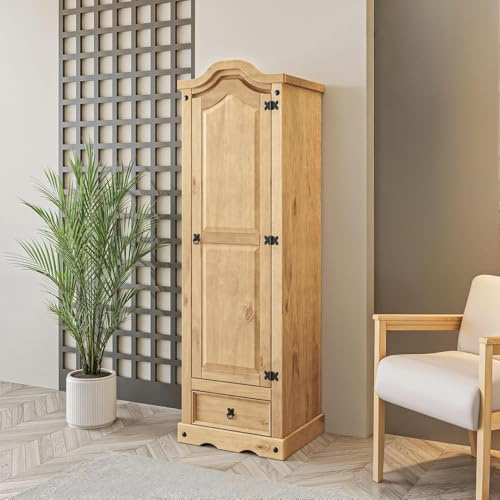 Corona Wardrobe 1 Door 1 Drawer Arch Top Solid Mexican Pine Wood Bedroom Storage 176cm x 55cm x 45cm