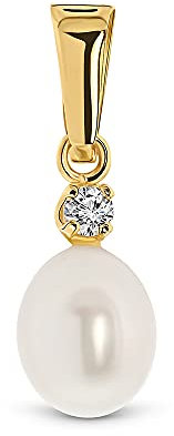 MIORE Schmuck, Kettenanhänger Gold 585 14 K, Perlen Anhänger Gelbgold mit Zirkonia, Anhänger echt Gold für Kette, Goldschmuck Damen