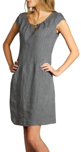 Caspar SKL020 knielanges Damen Sommer Leinenkleid mit eleganter Metallspange bis Größe 50