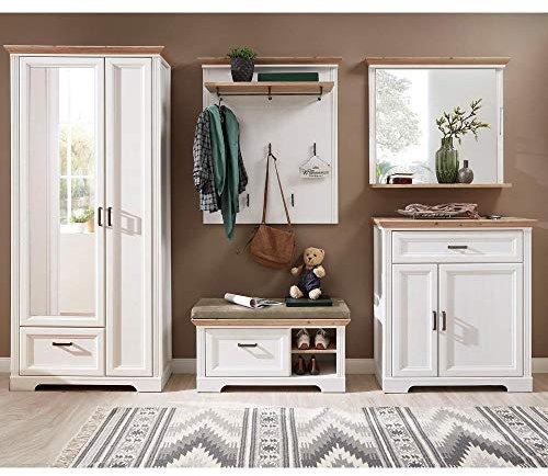 Lomadox Landhaus Garderoben Set mit Kleiderschrank in Pinie weiß mit Artisan Eiche
