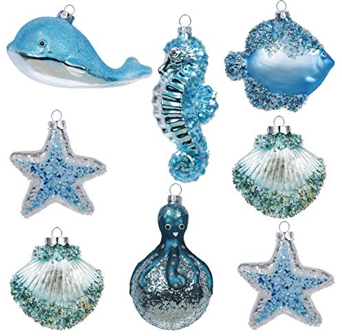 Valery Madelyn Glas-Sommer-Strandschmuck-Set, 8 Karat, hellblau und Silber, geblasenes Glas, Weihnachten im Juli, Baumschmuck, Küste, Ozean, nautische Marine, hängende Endkugeln, Großpackung