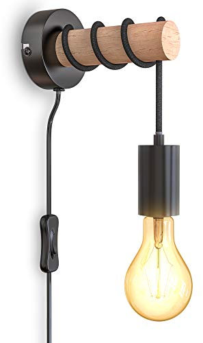 B.K.Licht applique murale, design rétro industriel, bois & métal, éclairage salon & chambre, douille E27, pour ampoule LED 10W max, interrupteur câble