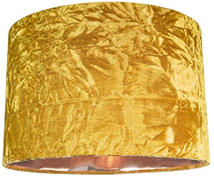 Modern and On-Trend Ochre/Mustard Crushed Velvet Fabric 12 Table or Pendant Circular Drum Lampshade with Shiny Copper Inner - 60watt Maximum | Perfect for Residential or Commercial by Happy Homewares