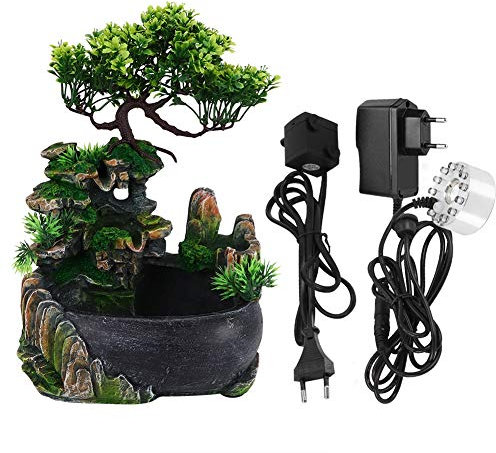 Desktop-Brunnen,Indoor Desktop Brunnen LED Wasserfall Desktop Brunnen mit Farbwechsel für die Schreibtischdekoration Simulation Steingarten Luftbefeuchter Dekor (EU 220V)