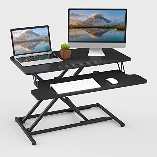 ERGOMAKER Steh-Sitz Schreibtischaufsatz Höhenverstellbar, Stehpult Aufsatz Schreibtisch 80 X 40CM Desktop Erhöhung mit Tastaturablage Für Zwei Monitore,Schwarz