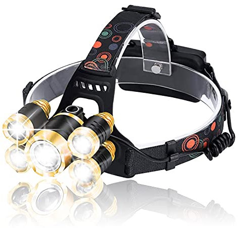 Lampada frontale ricaricabile, faro da 18000 lumen, impermeabile IPX4, torcia regolabile a 90 °, luce frontale perfetta a 5 LED per campeggio, escursionismo, pesca, riparazione auto, caccia