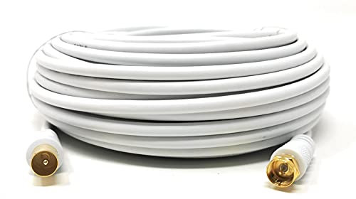 Maincore 20m long Coaxial F Type Male to RF TV Aerial Antenna, Satellite, Digital Radio Male Plug Cable White with Gold Connectors 75Ohms, Cord Lead (TV to F Connector Cable) (20, white)
