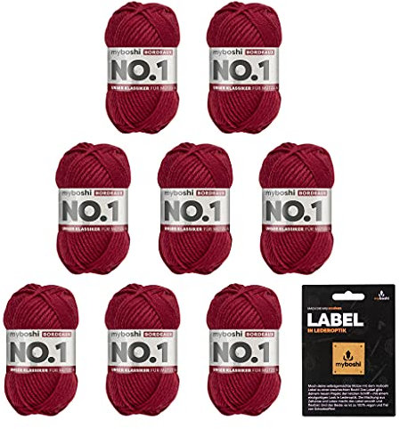 myboshi No.1-Wolle, inkl. original myboshi Label in Lederoptik, zum Häkeln und Stricken, Ll. 55m /50g, 30% Merinowolle Rot (Bordeaux) 8 Knäuel
