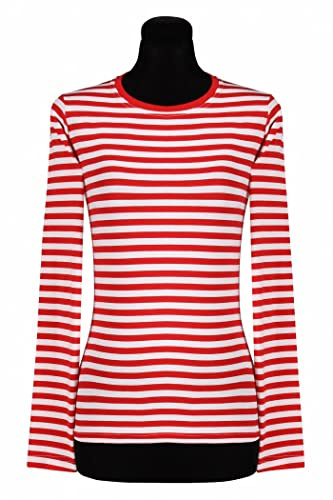 Thetru Damen Ringel Shirt Langarm rot-weiß Karneval Fasching, S