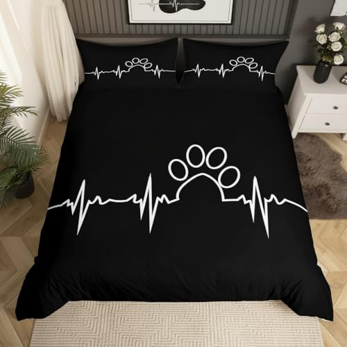 feelingyou Niedlicher Pfotenabdruck Bettwäsche-Set,Kawaii-Tier-Thema Bettwäsche Set 135x200cm,Nettes Haustier Schwarz Betten Set für Kinder Jungen Mädchen Teenager 2St.Reißverschluss Mikrofaser
