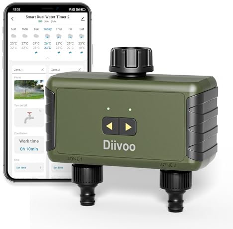 Bluetooth Water Timer 2 Zone, Diivoo Smart Irrigation Sprinkler Timer Up to 40 Separate Programmable Schedules, Hose Computer with Rain Delay and Manual Watering, for Garden Lawn Hose