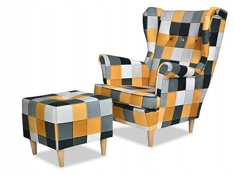 Family Meble Ohrensessel mit Hocker, Modell Print, Skandinavisch, Relaxsessel aus Webstoff, Loungesessel, Ohrensessel mit Hocker, Bequemer Sessel, Für Wohnzimmer, Esszimmer, Schlafzimmer, GelbesGitter