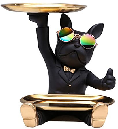 NUACOS Harz Bulldogge Tablett Statue Tierskulptur Tablett Aufbewahrung Schlüsselhalter Süßigkeiten Geeignete Schreibtischaufbewahrung für Zuhause, Wohnzimmer, Büro,Tischdekoration (schwarz)