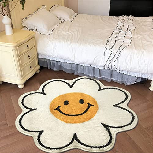 Niedlicher Smiley-Gesichts-Teppich, Sonnenblumen-Teppich, flauschiger Teppich für Kinderzimmer, Schlafzimmer, Matten, niedliche Badematte, Wasseraufnahme, rutschfest, (blau, Durchmesser 80 cm), Weiß