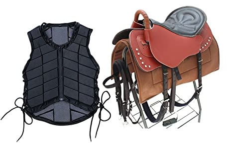 Reitsattel-Set REIT-Rückenprotektor Reiten Sicherheitsweste Körperschutzausrüstung für Herren Damen Kleinkind Kinder Jungen Mädchen (Schwarz L+B)
