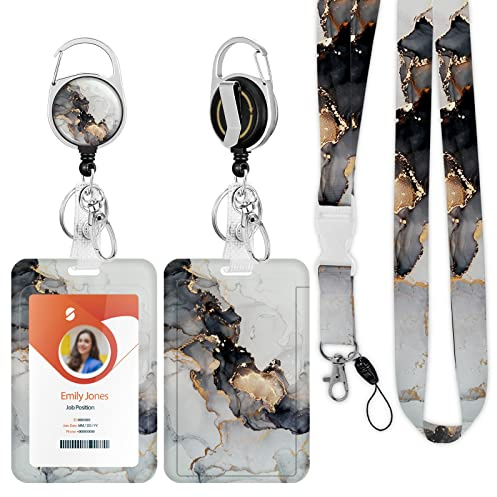 ID Badge Holder mit Lanyard, einziehbare ID Badge Card Holders Abnehmbare Hals Lanyard Strap mit Badge Reel und vertikale ID-Halter für Krankenschwester Studenten (Marble Grey Golden)