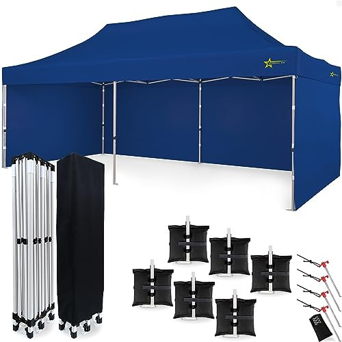 Economic Star Partyzelte Wasserdicht mit 3 Seitenteile + 4 Seile und Partyzelt Heringe + Schutzhülse für Rennzelt, UV-Schutz 50+ Pop-Up pavillon Metall (3x6, Blau)