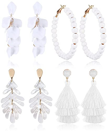 JeryWe 4 Paar Statement Ohrringe für Frauen Damen Geometrische Tropfen Ohrringe Hängend Schmuck Großes Rechteck Retro Boho Reisperlen Reifenohrringe Rose Blume Blütenblatt Quaste Ohrringe Set
