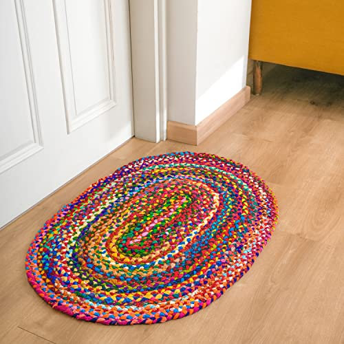 RAJRANG BRINGING RAJASTHAN TO YOU Hand geflochtene Baumwolle Chindi Teppich 2'x 3 'Boho Reversible rustikale ovale Teppiche für Heimdekoration
